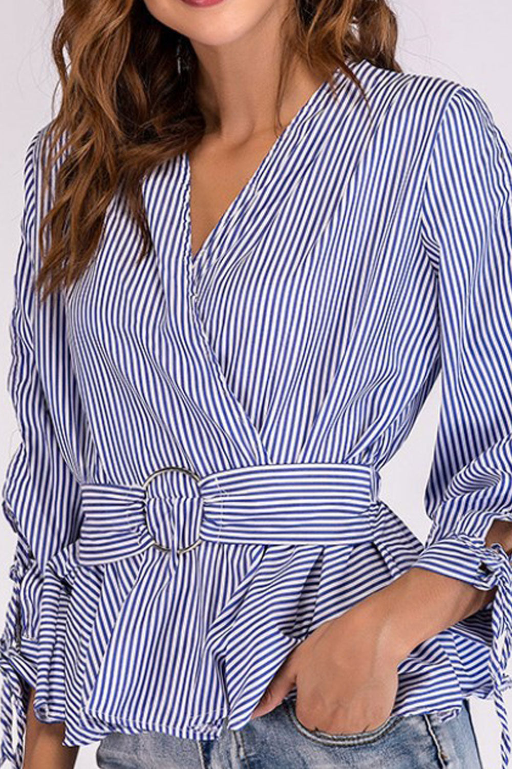 Women V-Neck Straps Sleeves Wrapped Waist Top