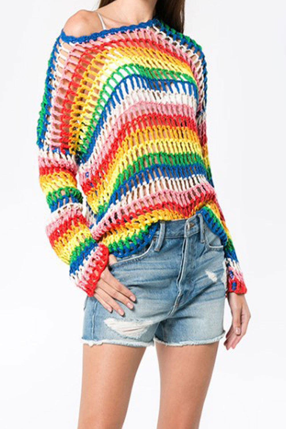 Women Round Neck Rainbow Stripes Stylish Top
