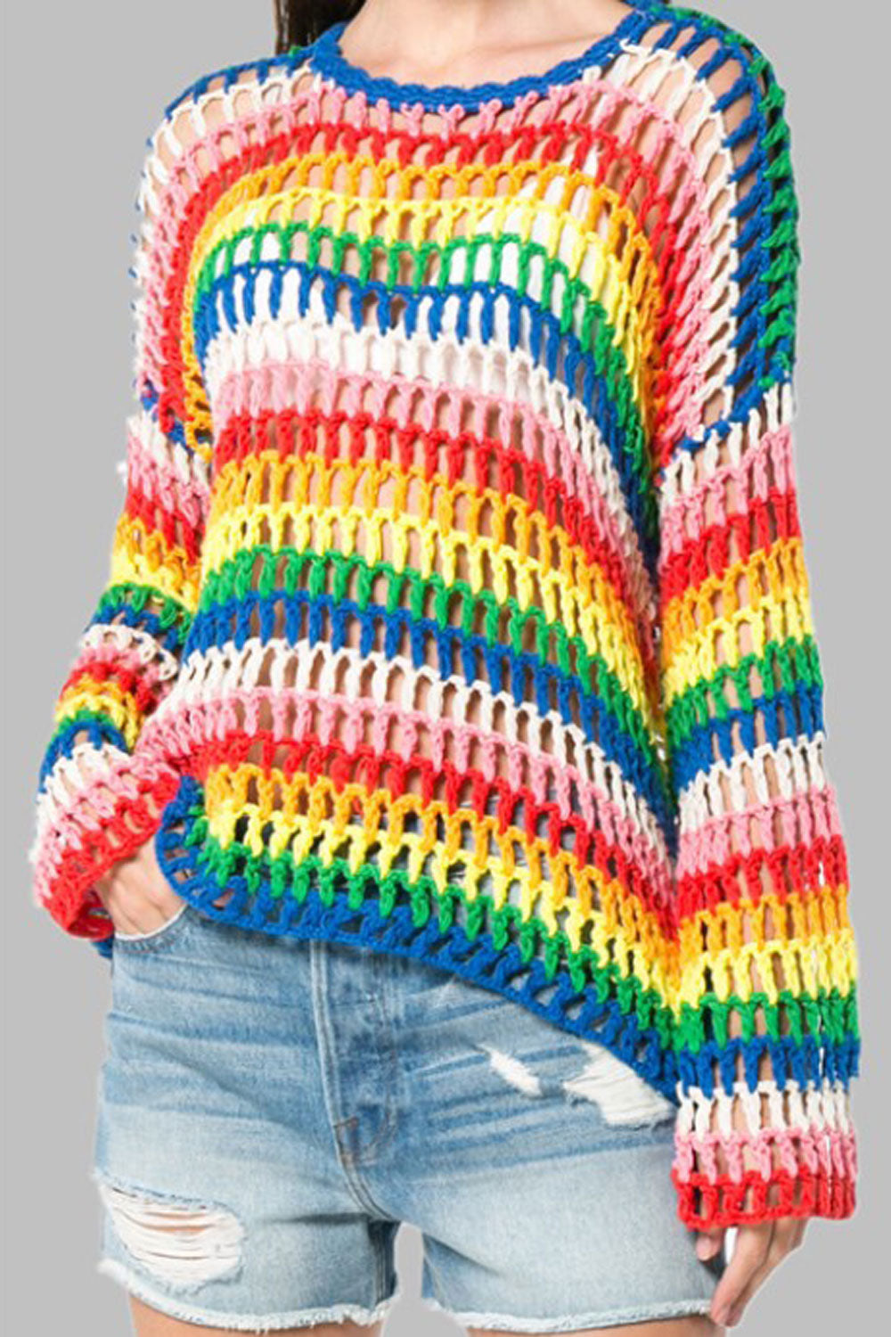 Women Round Neck Rainbow Stripes Stylish Top