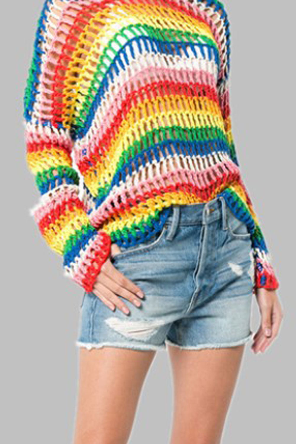 Women Round Neck Rainbow Stripes Stylish Top
