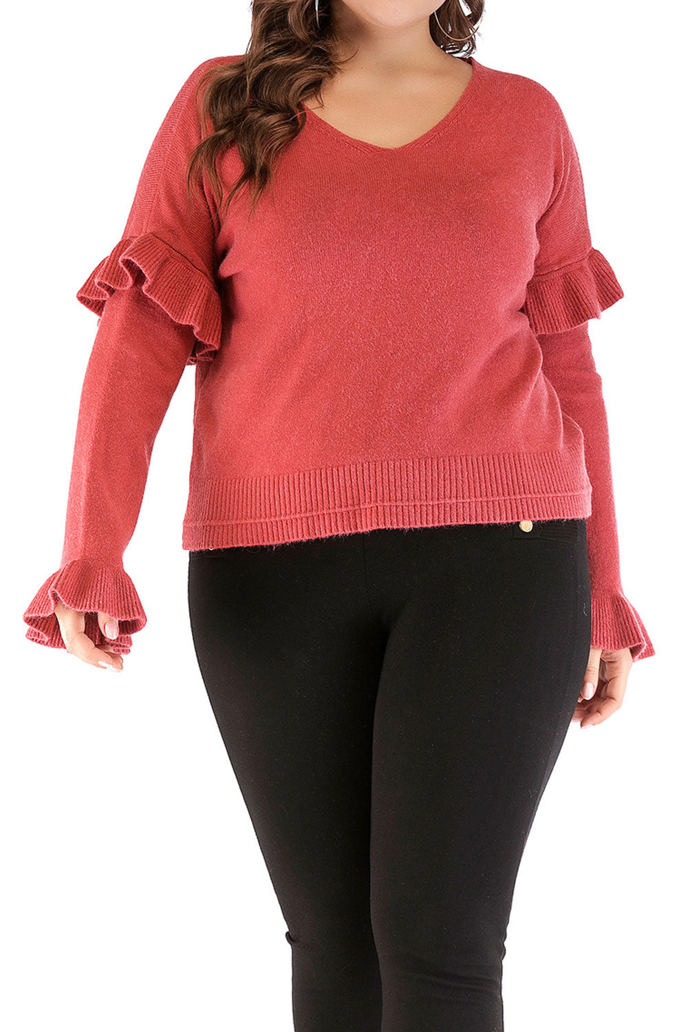 Women V-Neck Slim Ruffle Elbows Sleeves Top