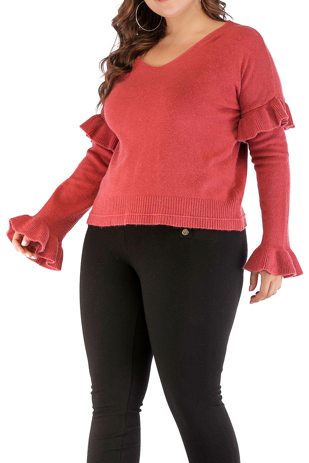 Women V-Neck Slim Ruffle Elbows Sleeves Top