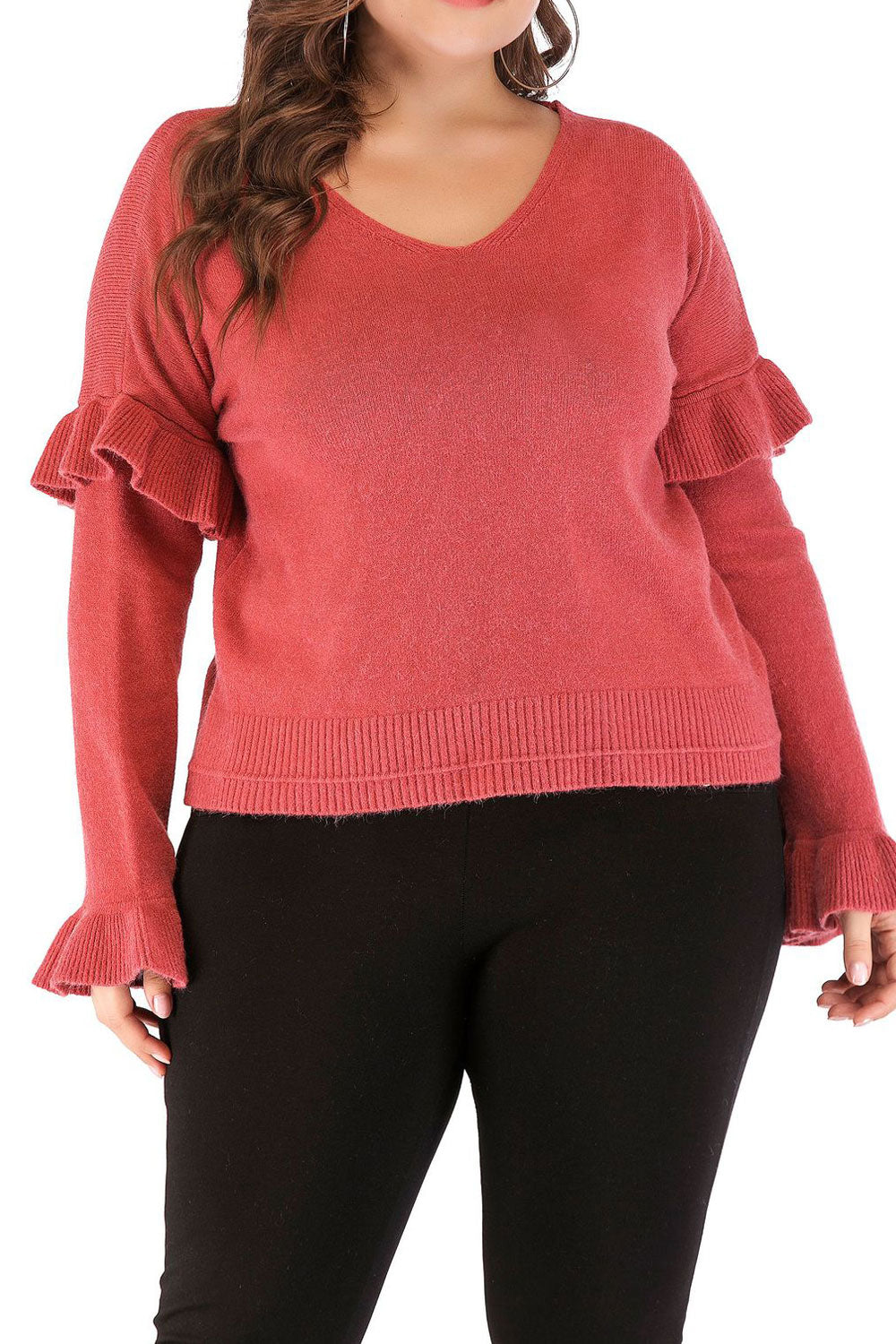 Women V-Neck Slim Ruffle Elbows Sleeves Top