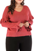Women V-Neck Slim Ruffle Elbows Sleeves Top