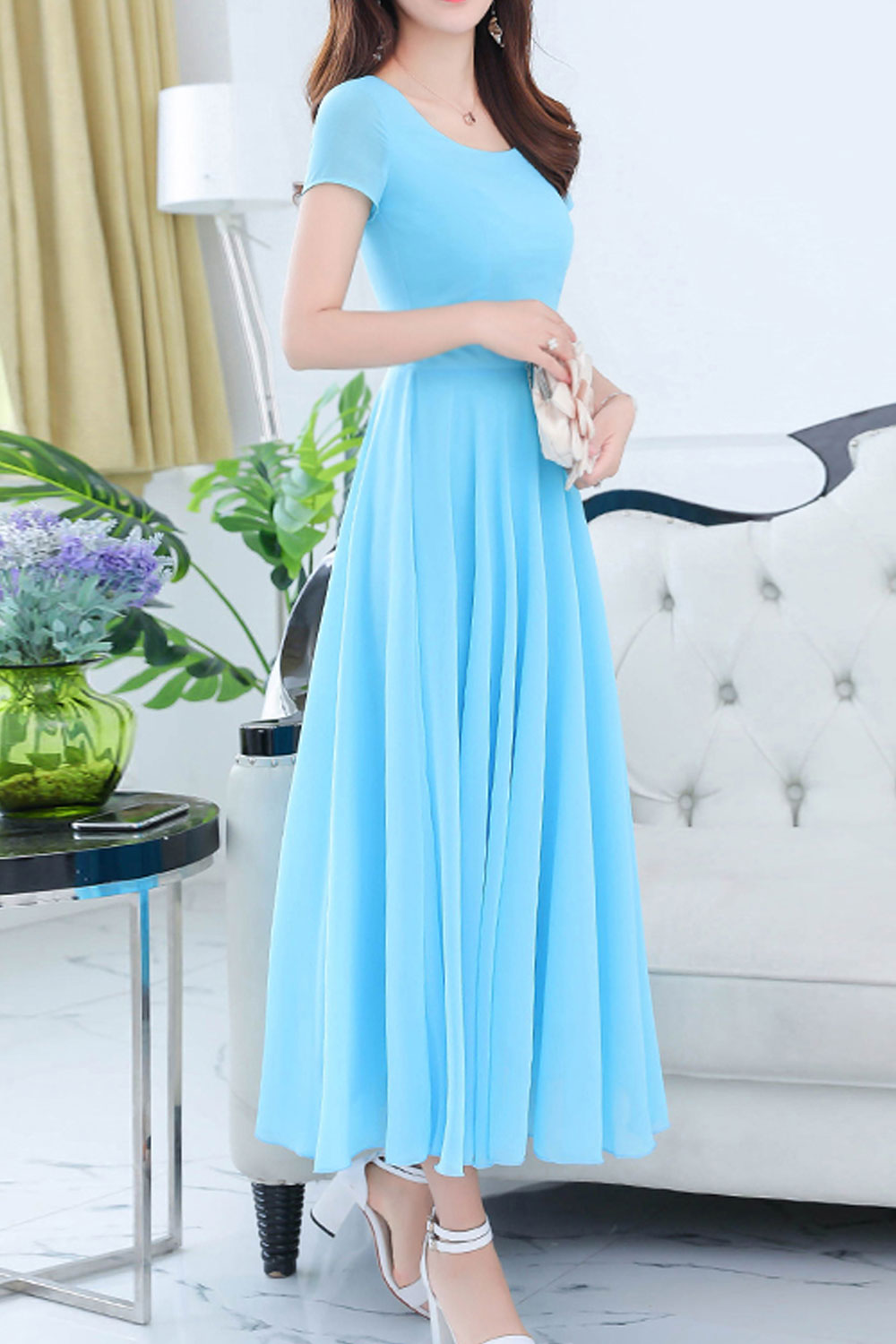 Women Short Sleeve Solid Color Fashion Swing Dress
