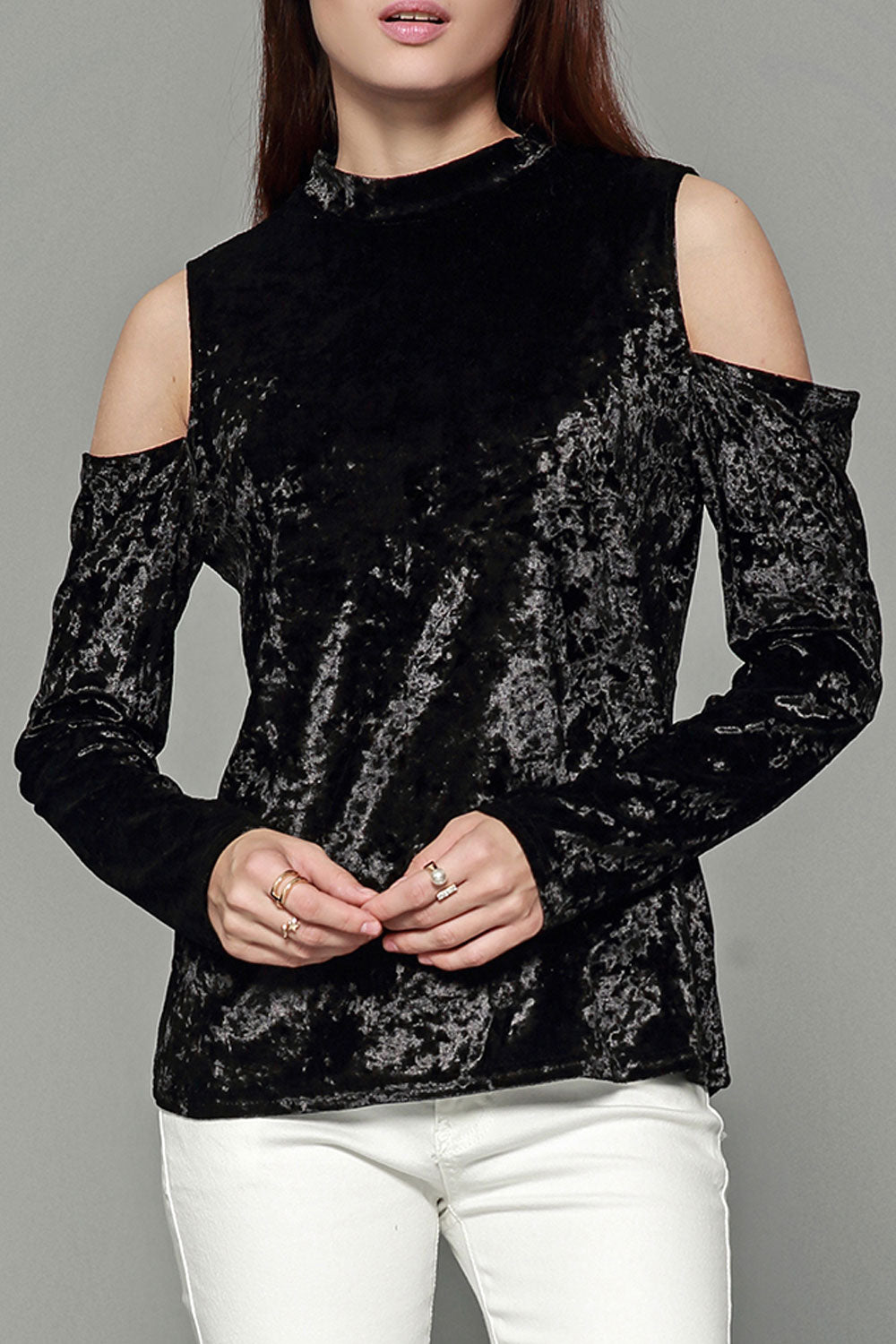 Women Cut Off Sleeve High Neck Velvet Top