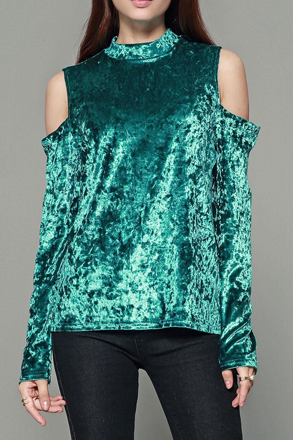 Women Cut Off Sleeve High Neck Velvet Top