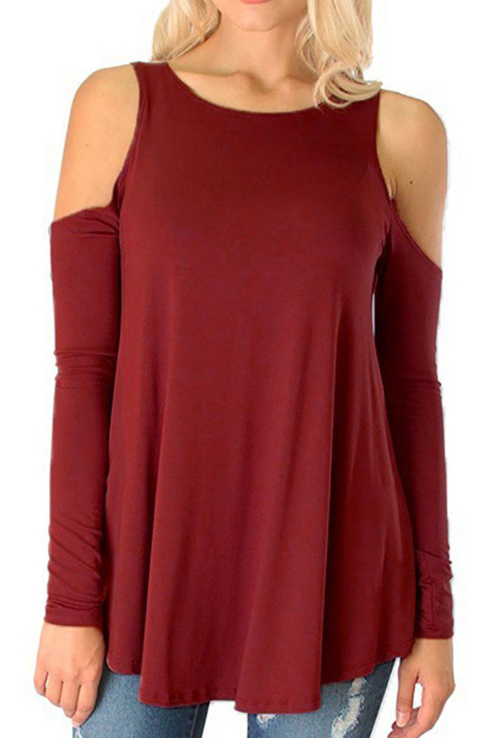 Women Cut Off Shoulder Solid Color Fashion Top