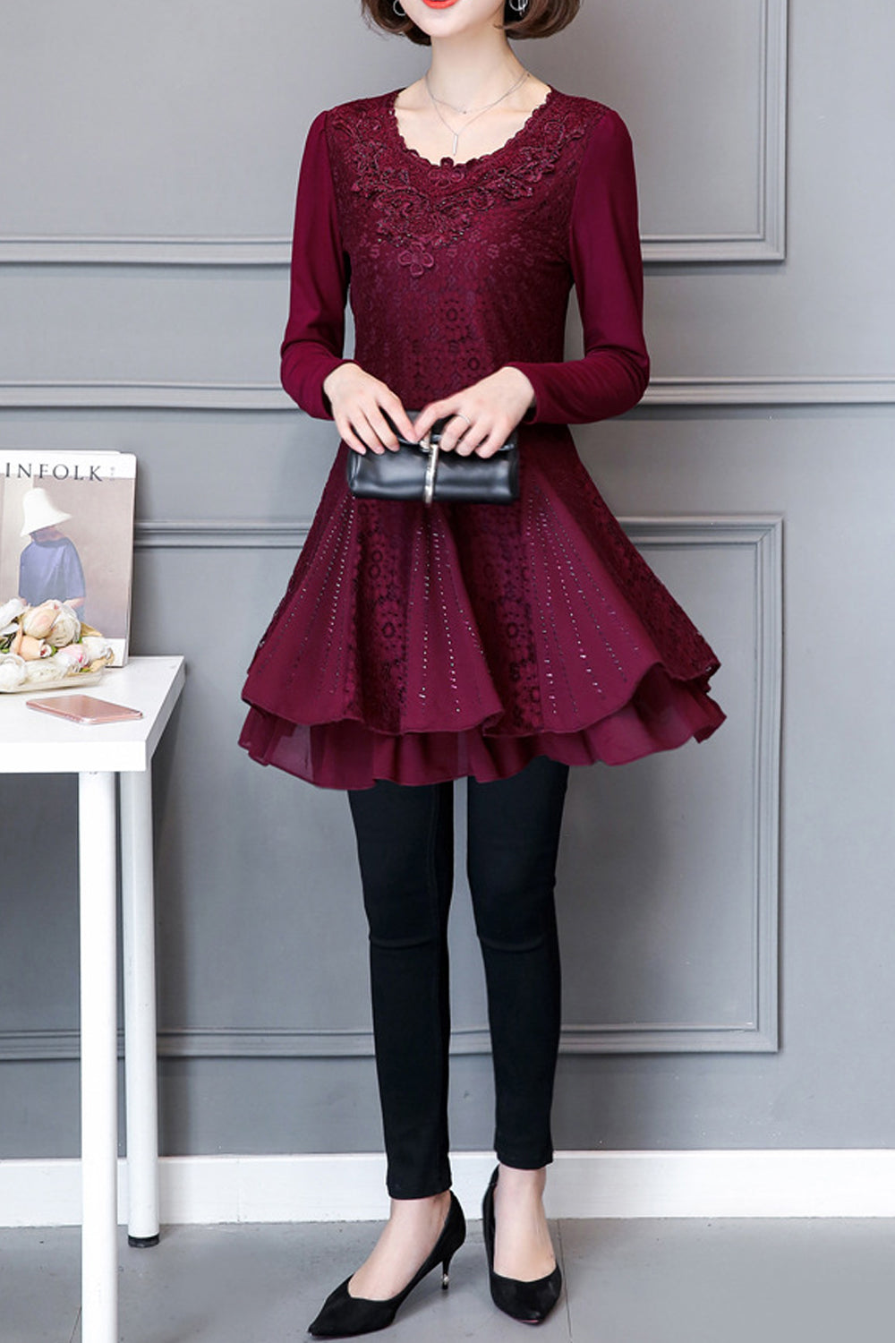 Women Lace Ruffled Thick & Warm Winter Top