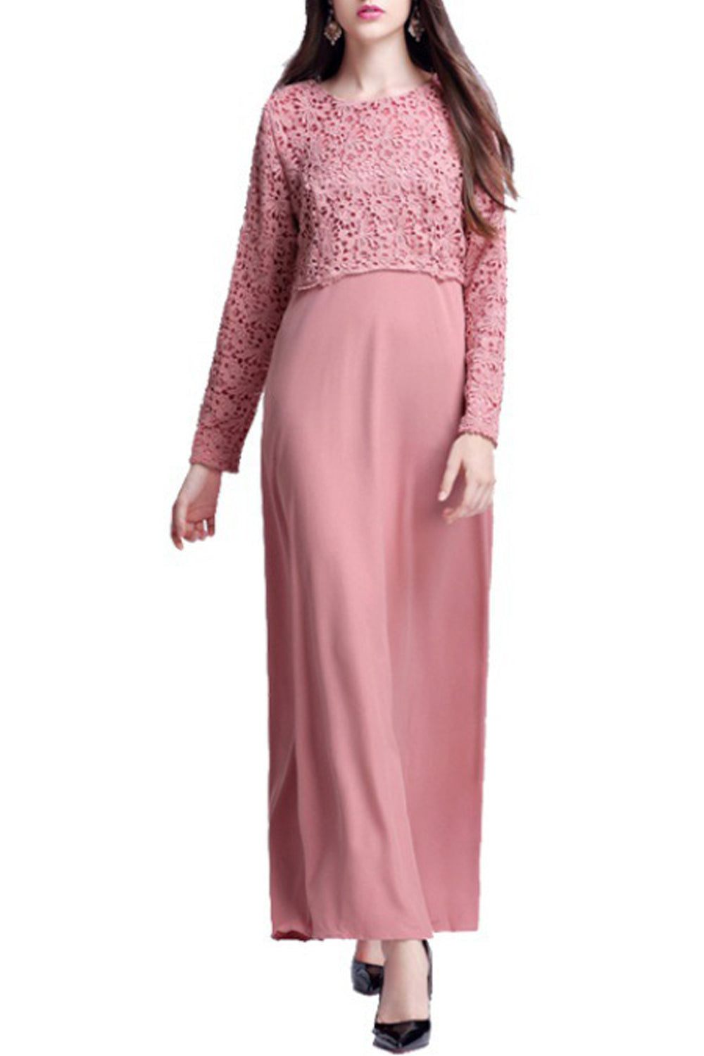 Women Round Neck Lace Top Long Solid Bottom Dress