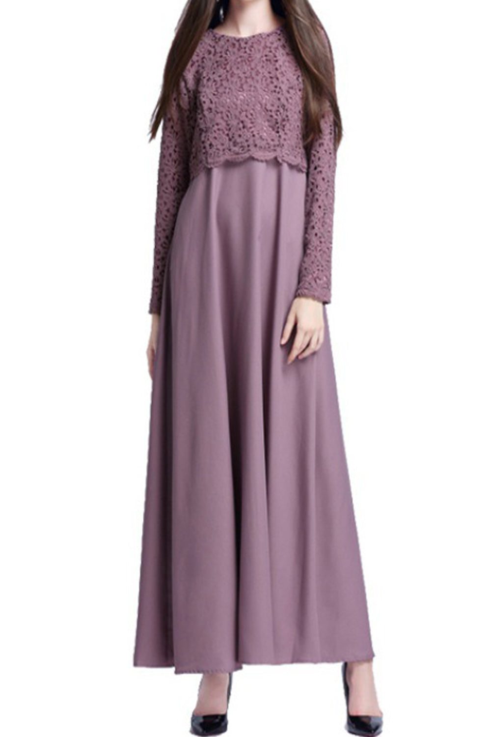 Women Round Neck Lace Top Long Solid Bottom Dress