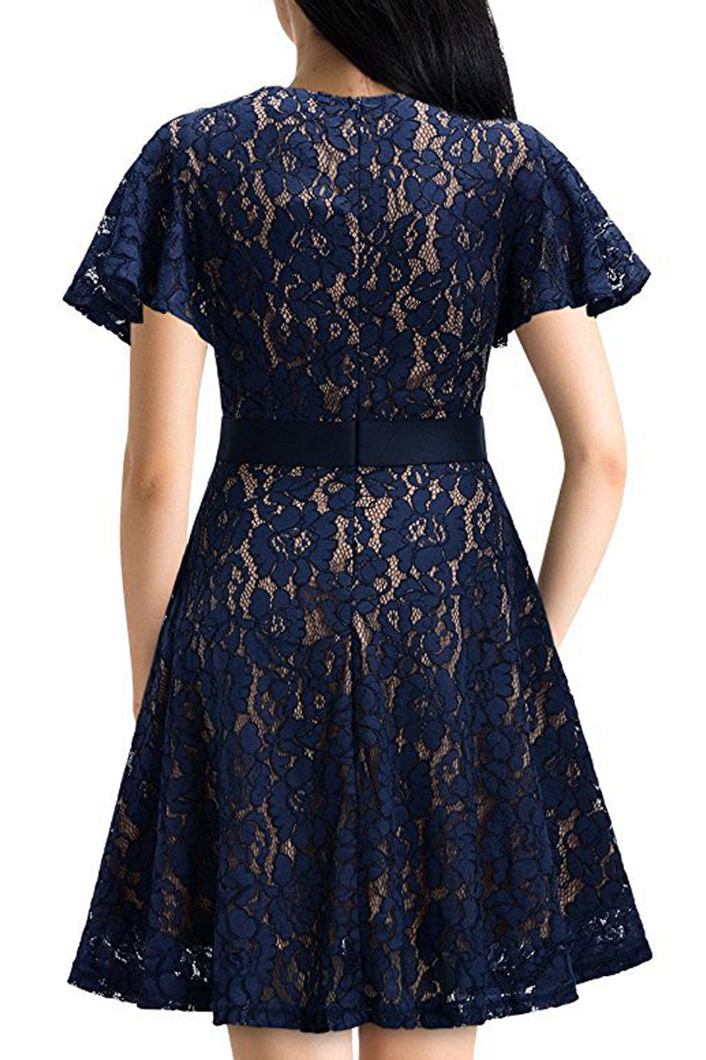 Women Loose Shoulders Back Zipper Lace Short Dress