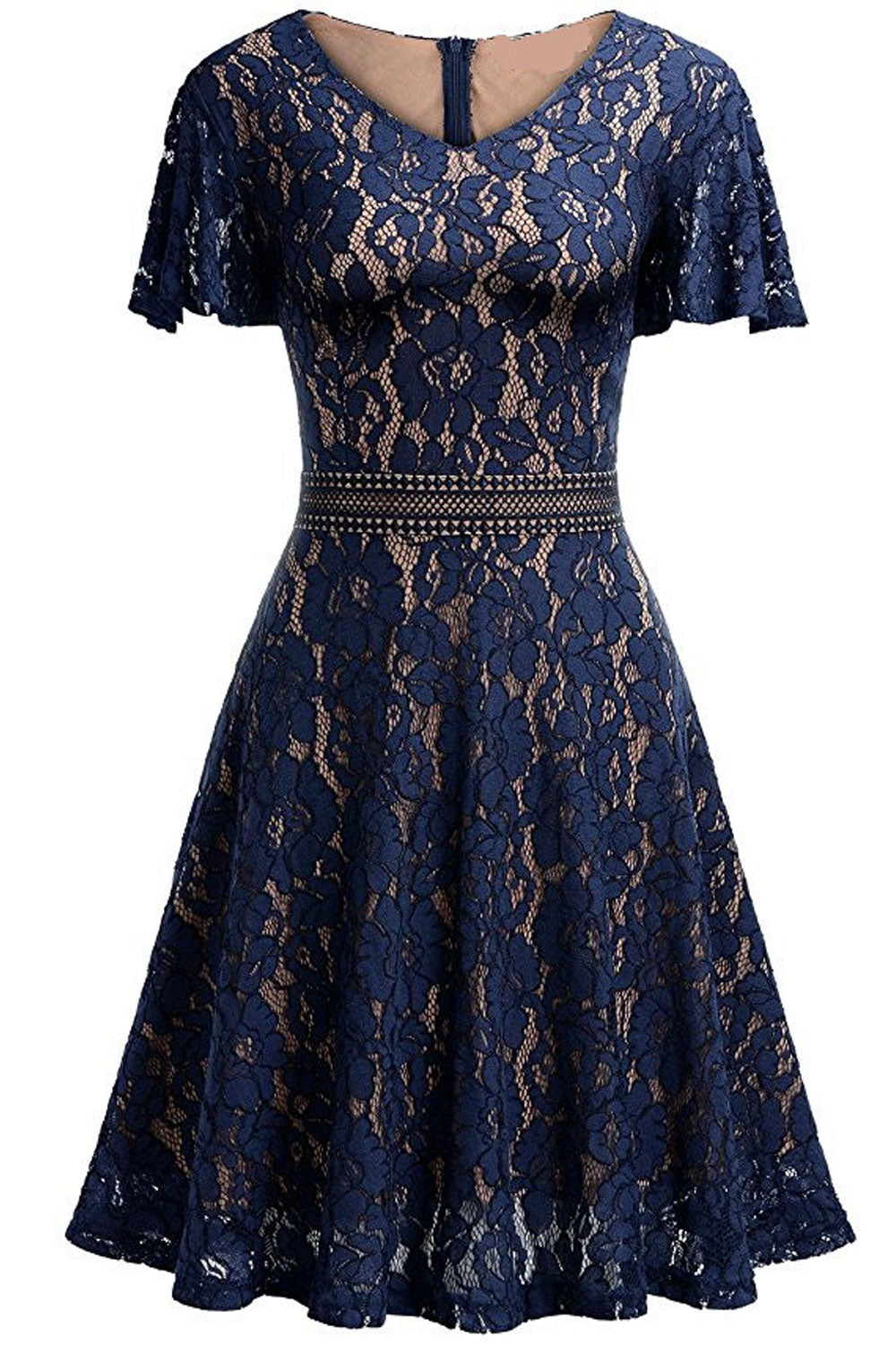 Women Loose Shoulders Back Zipper Lace Short Dress