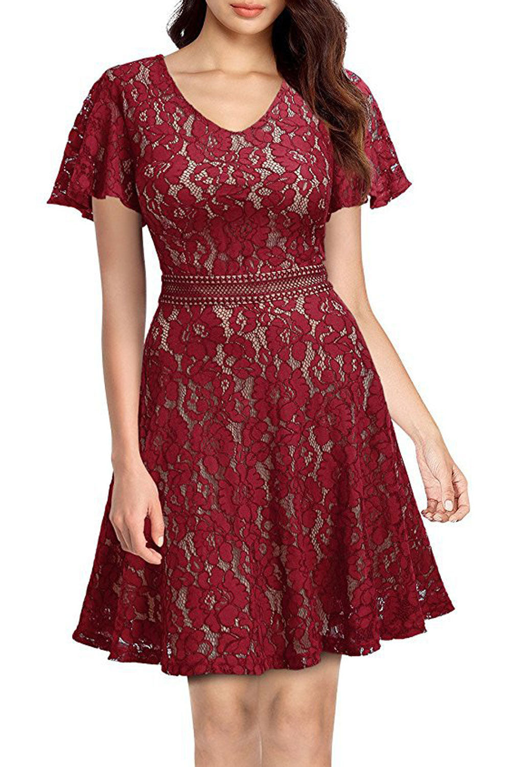 Women Loose Shoulders Back Zipper Lace Short Dress