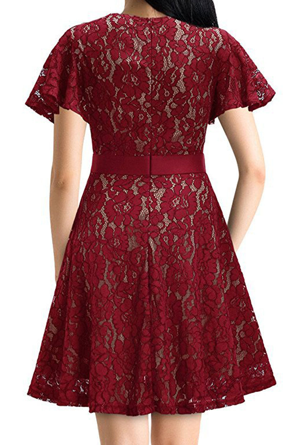 Women Loose Shoulders Back Zipper Lace Short Dress