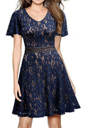 Women Loose Shoulders Back Zipper Lace Short Dress