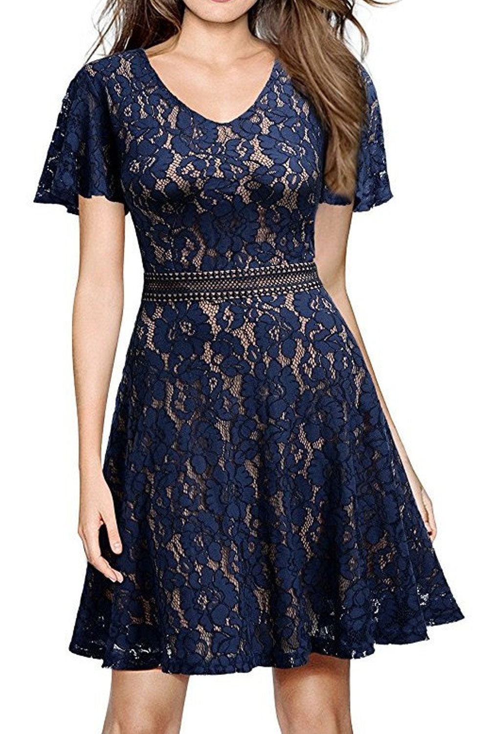 Women Loose Shoulders Back Zipper Lace Short Dress