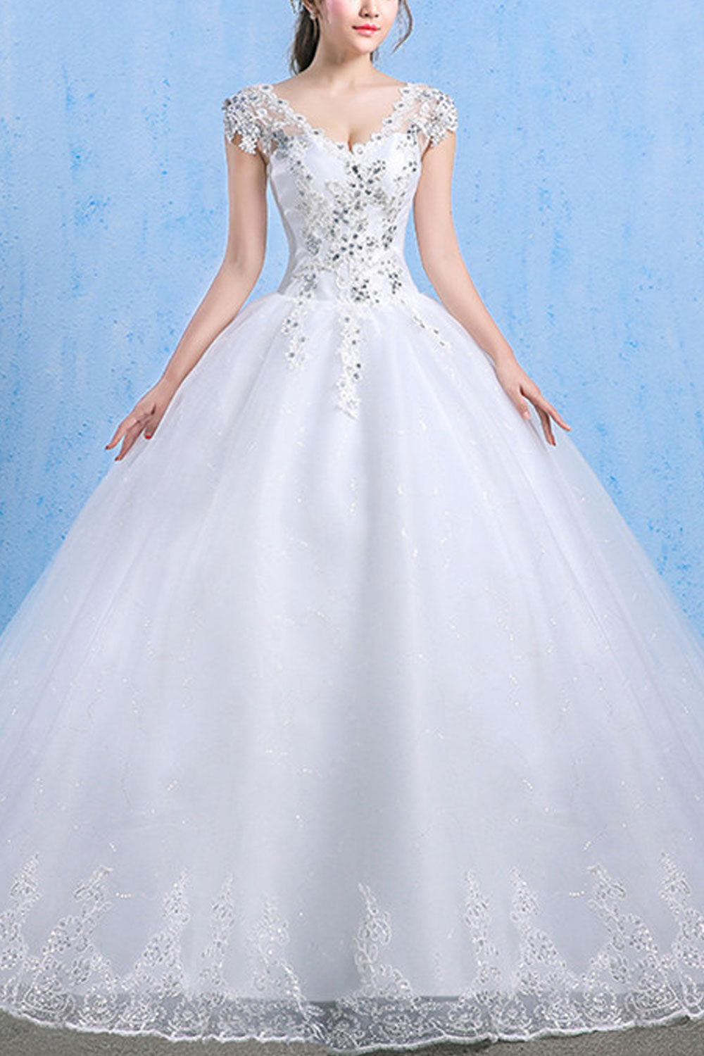 Women V-Neck Flower Lace Wedding Dress