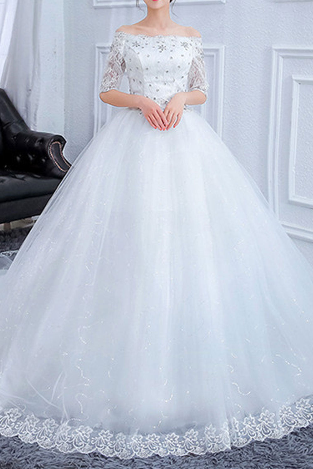 Women Off Shoulder 3/4 Sleeve Lace Wedding Dress