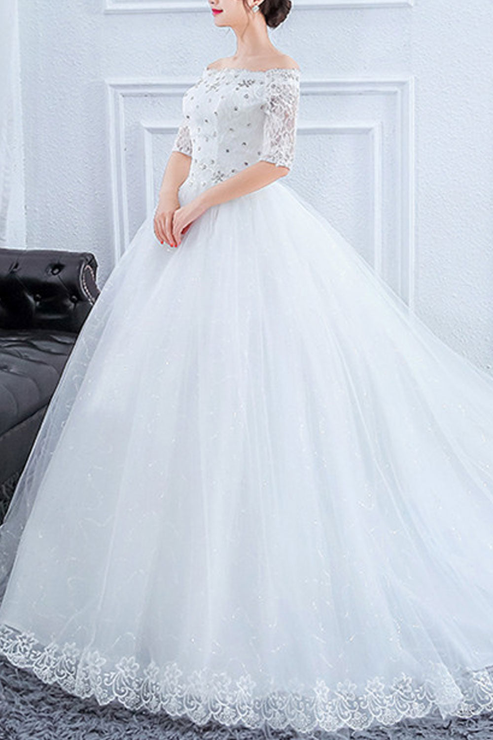 Women Off Shoulder 3/4 Sleeve Lace Wedding Dress