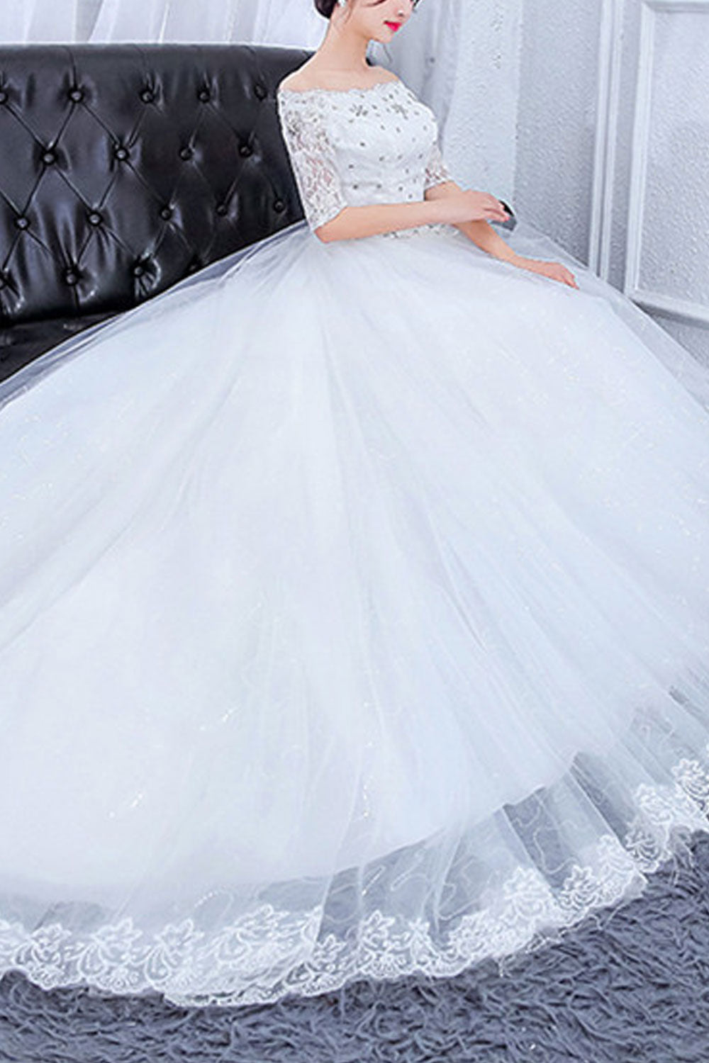 Women Off Shoulder 3/4 Sleeve Lace Wedding Dress