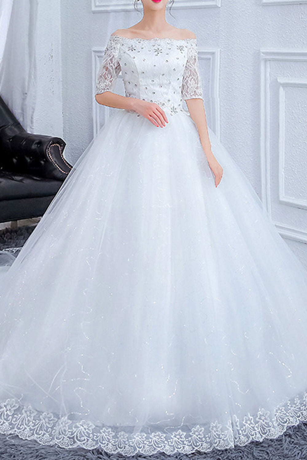 Women Off Shoulder 3/4 Sleeve Lace Wedding Dress