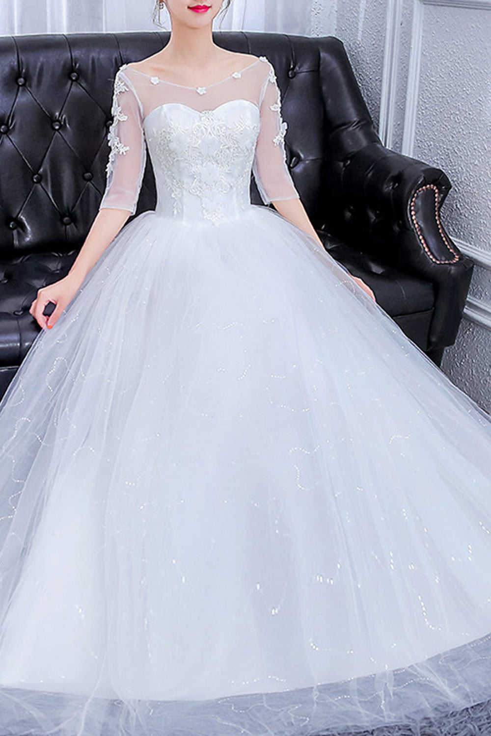 Women Boat Neck Decorated Elegant Wedding Dress