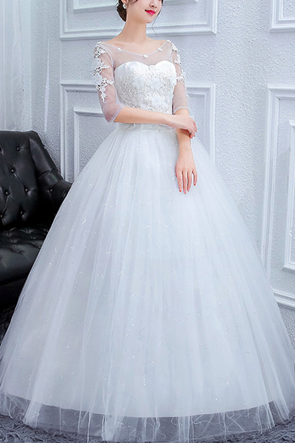 Women Boat Neck Decorated Elegant Wedding Dress
