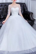 Women Boat Neck Decorated Elegant Wedding Dress