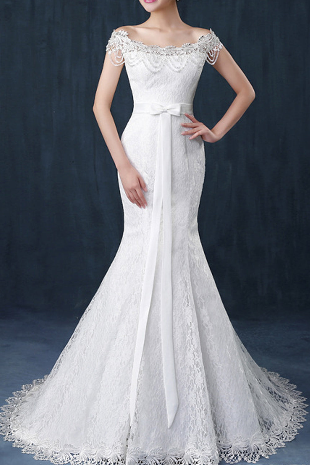 Women Off Shoulder Long Tail Wedding Dress