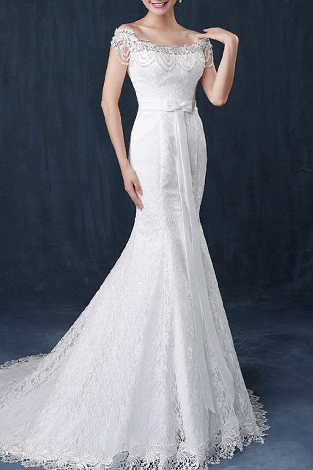 Women Off Shoulder Long Tail Wedding Dress