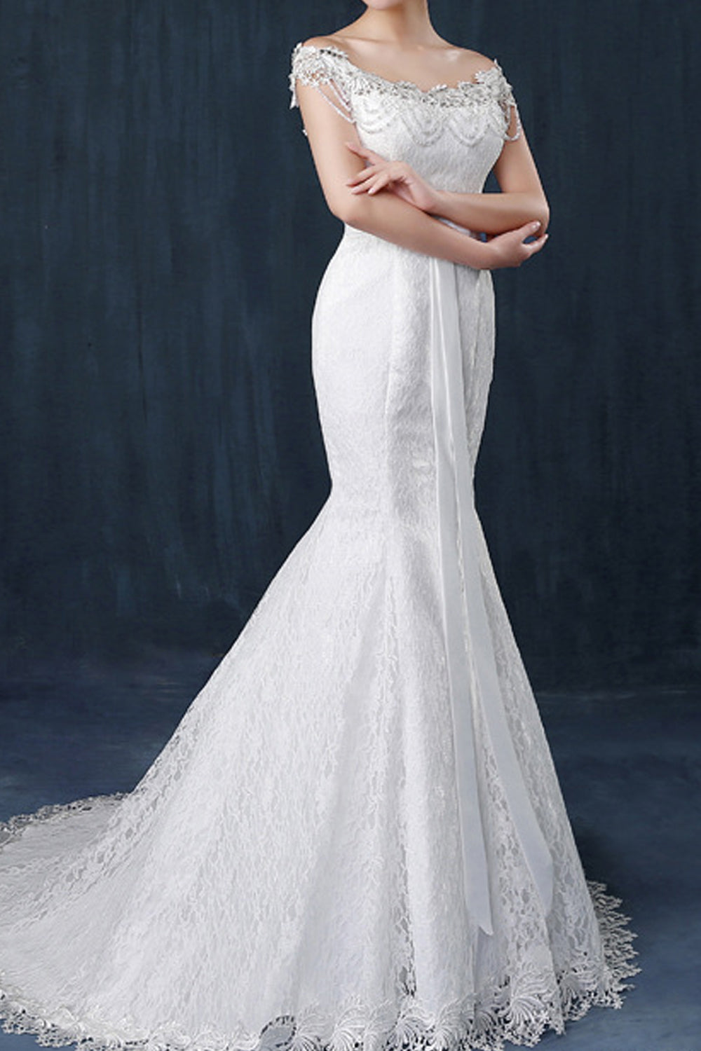 Women Off Shoulder Long Tail Wedding Dress
