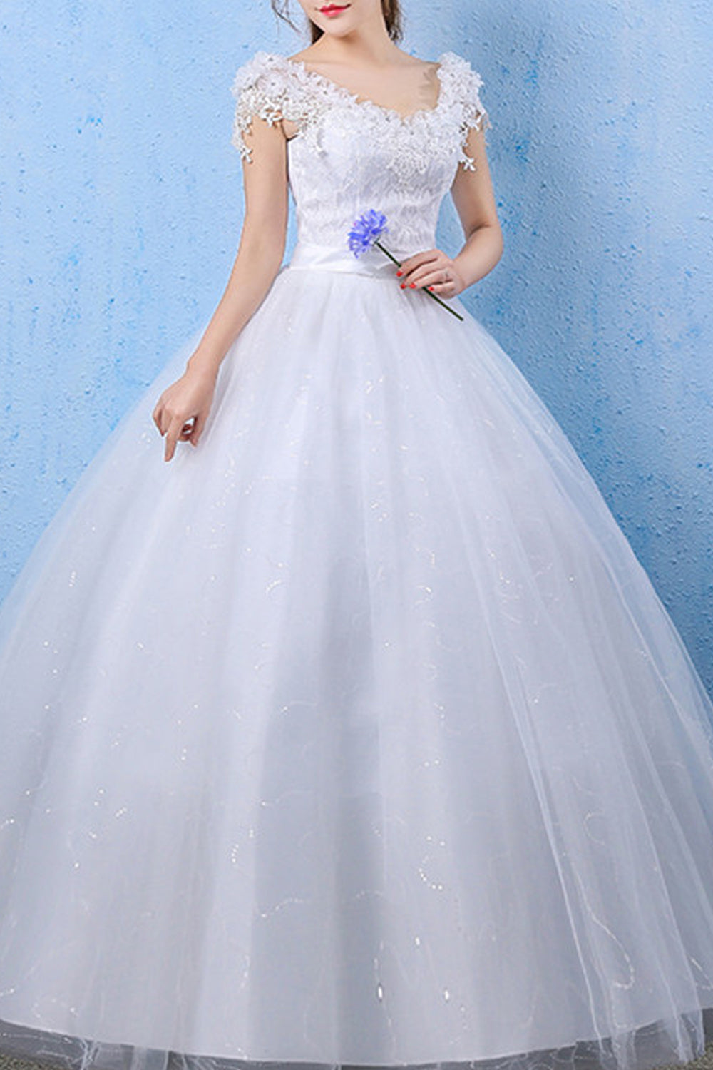 Women V-Neck Cap Sleeve Lace Wedding Dress