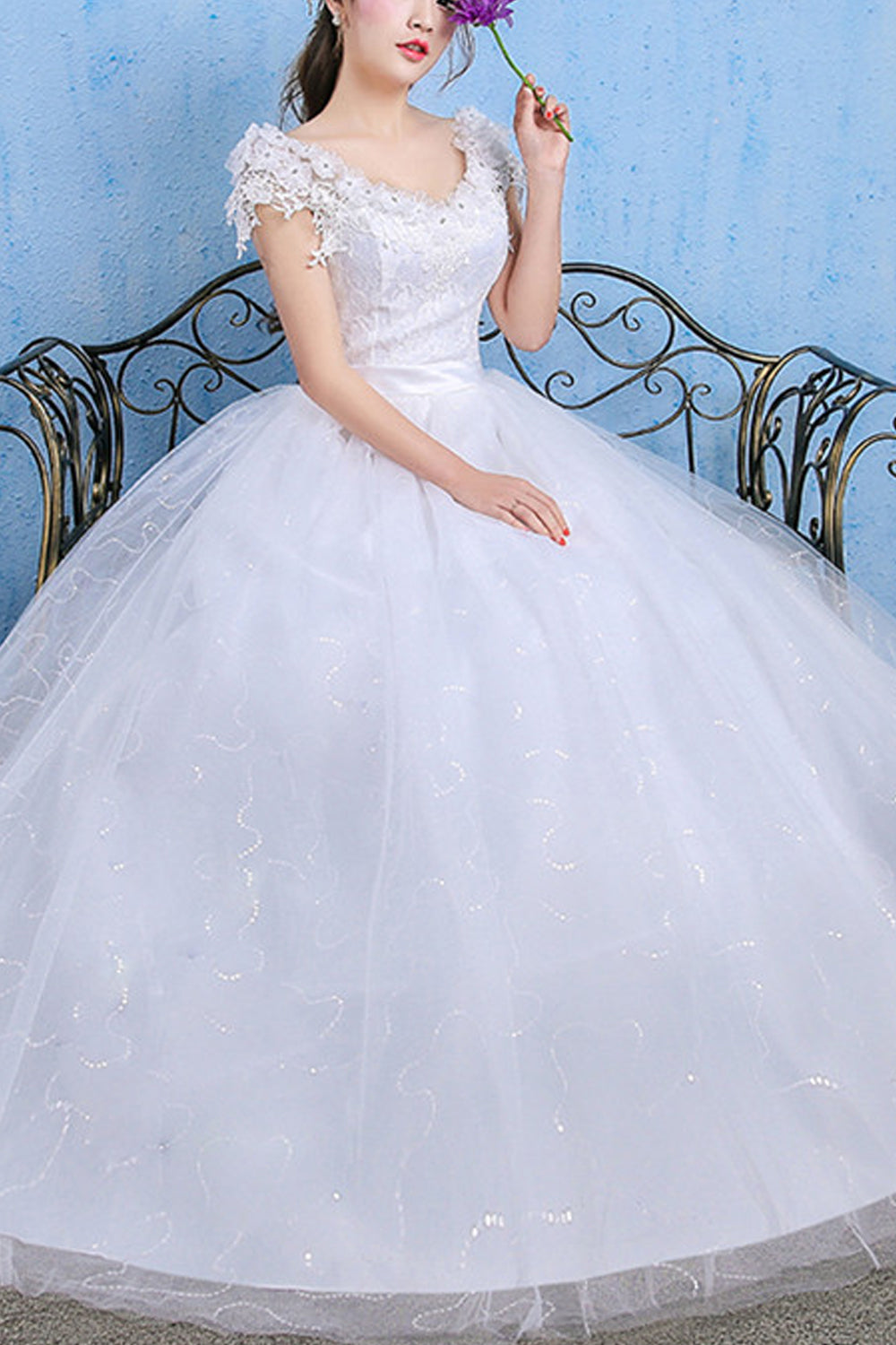 Women V-Neck Cap Sleeve Lace Wedding Dress