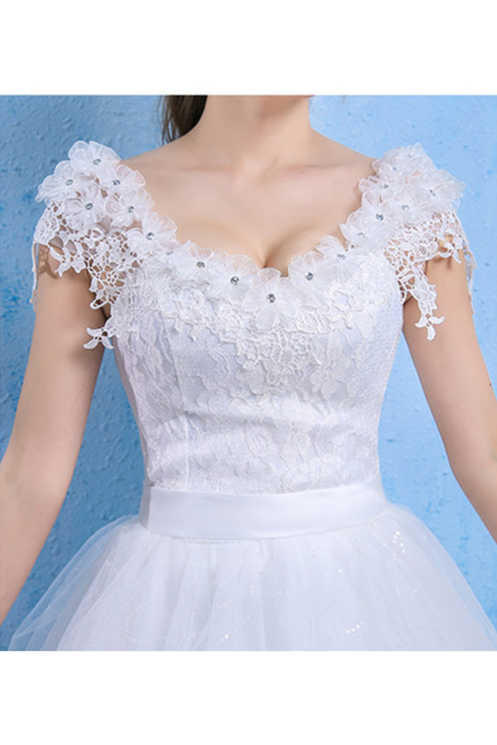 Women V-Neck Cap Sleeve Lace Wedding Dress