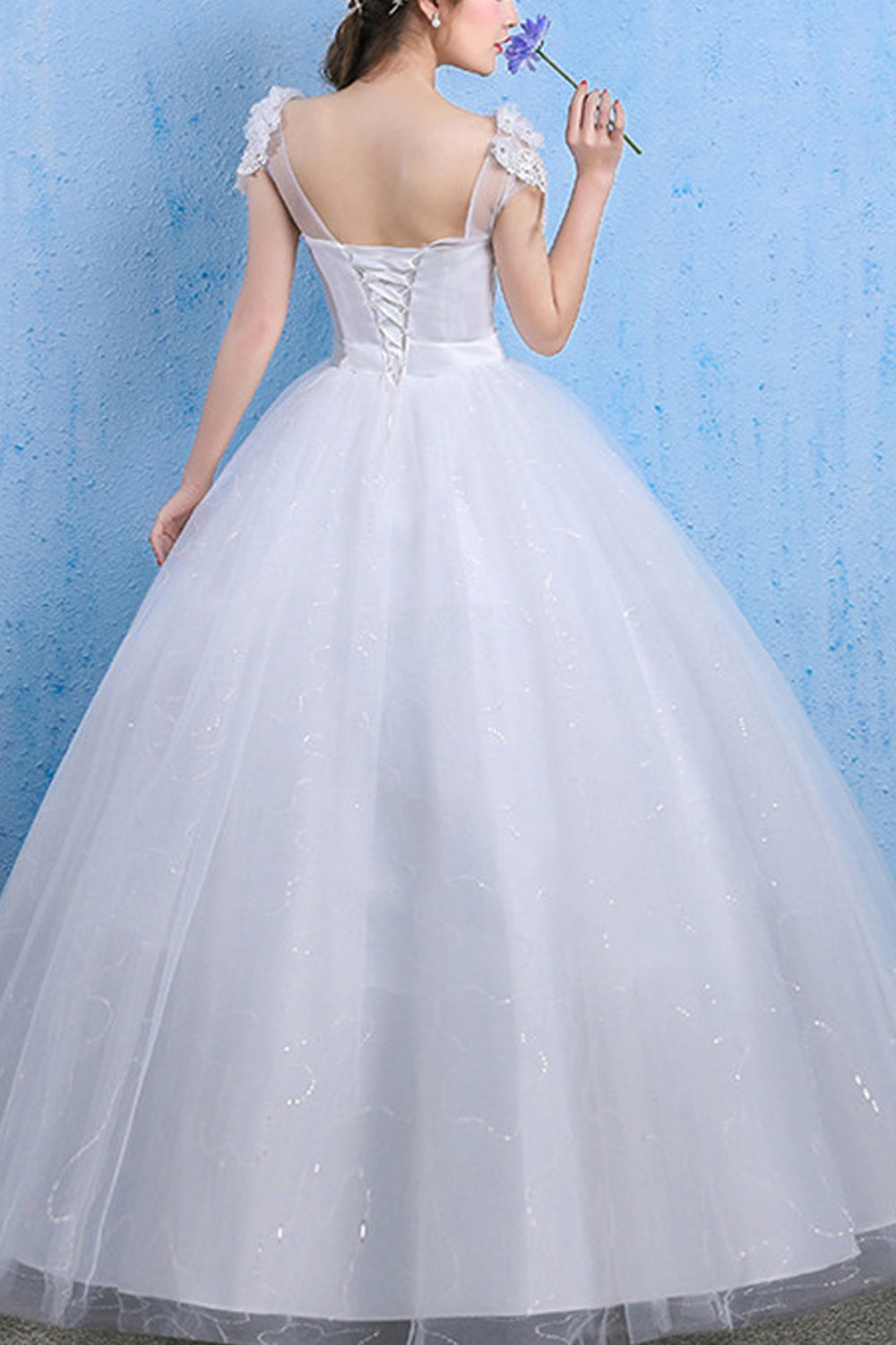 Women V-Neck Cap Sleeve Lace Wedding Dress