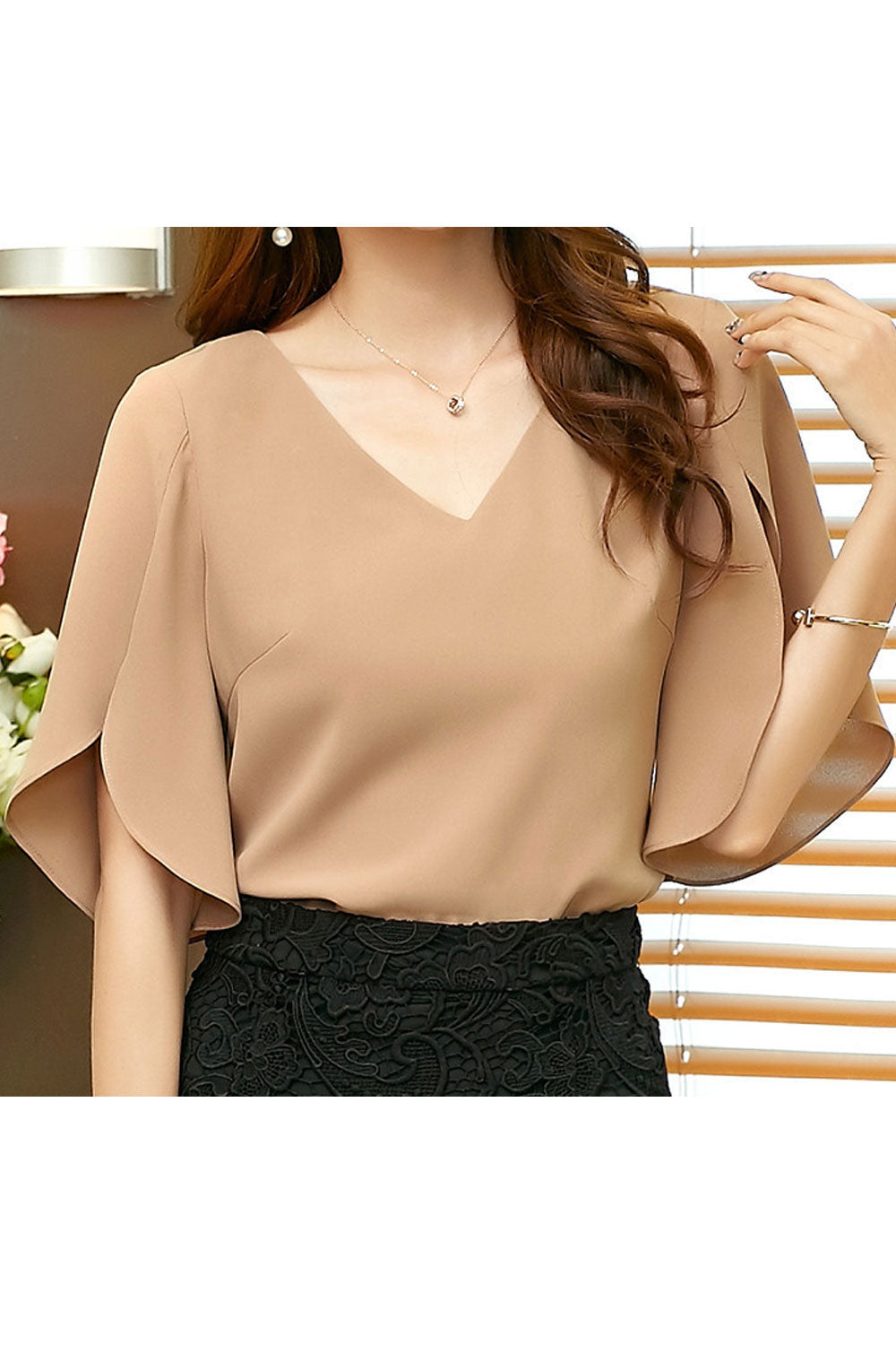 Women Beautiful Cut Out Sleeve Solid Chiffon Shirt