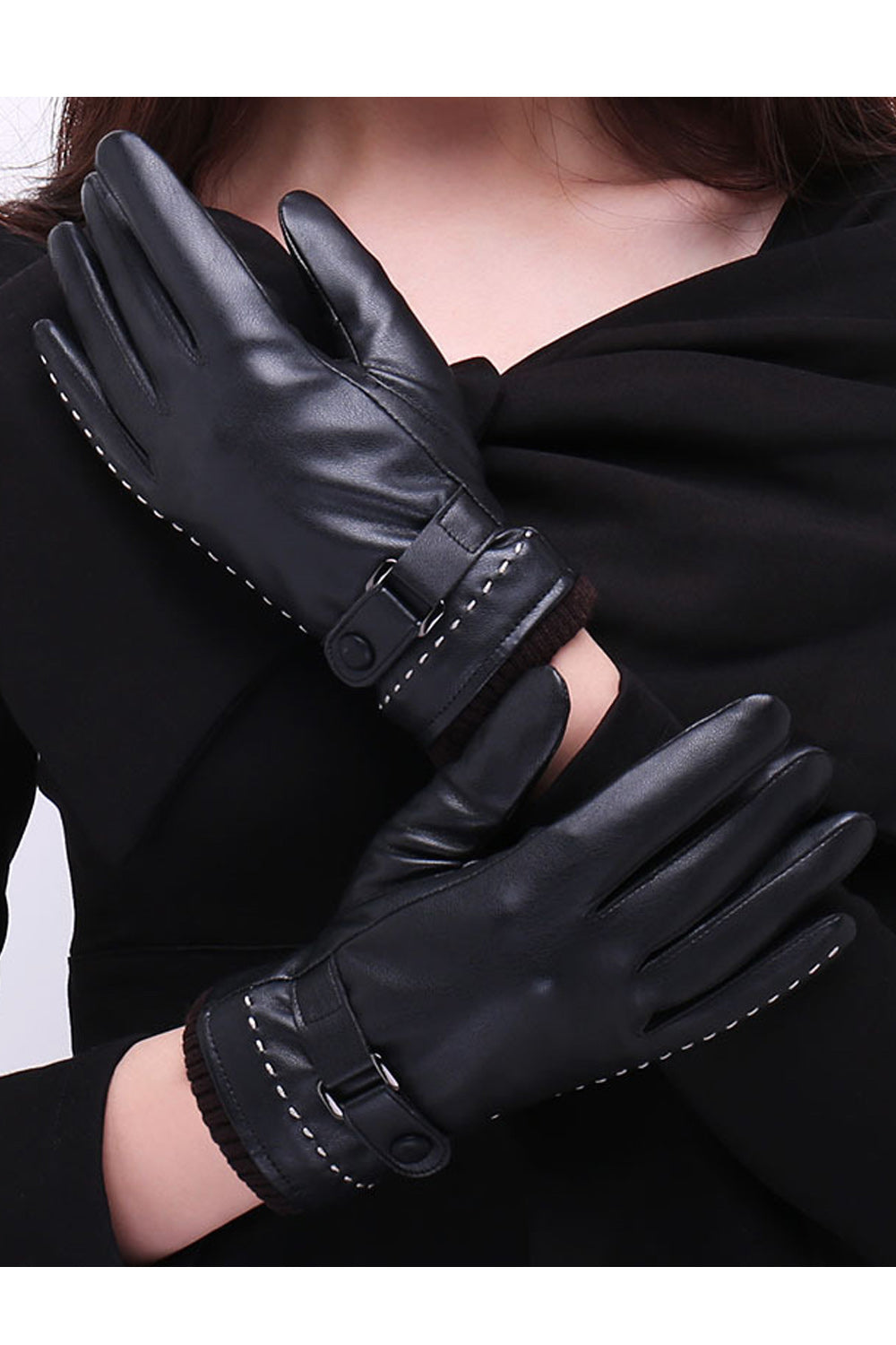 Women Thick Solid Colored Leather Gloves