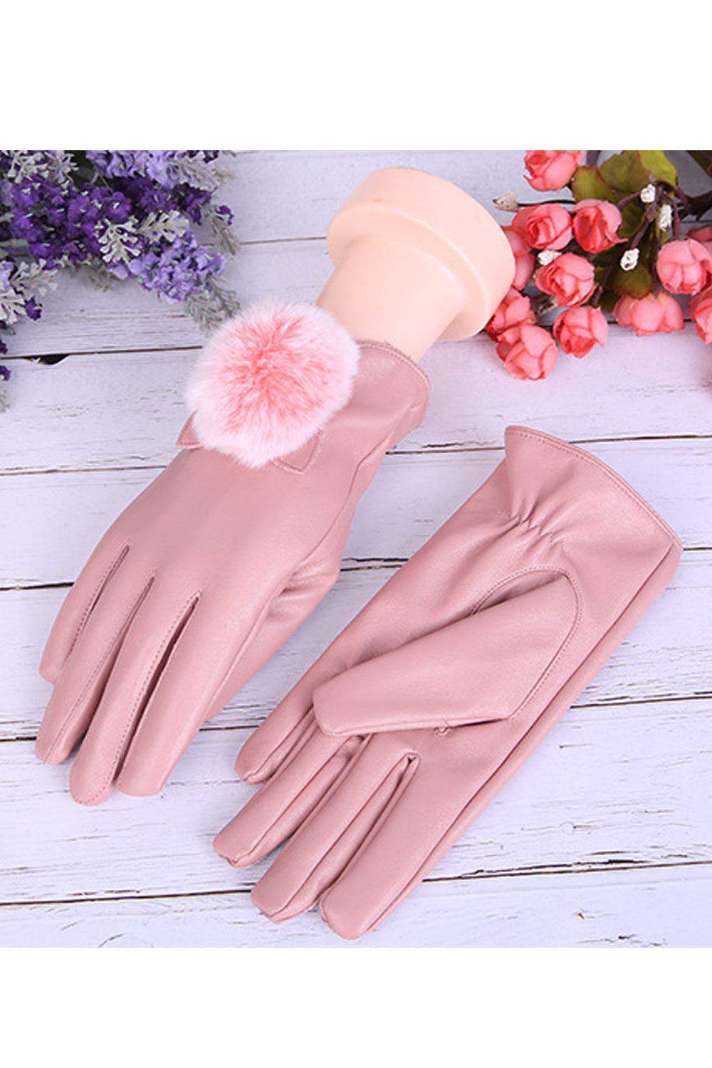 Women Hair Ball Decoation Winter Warm Leather Gloves