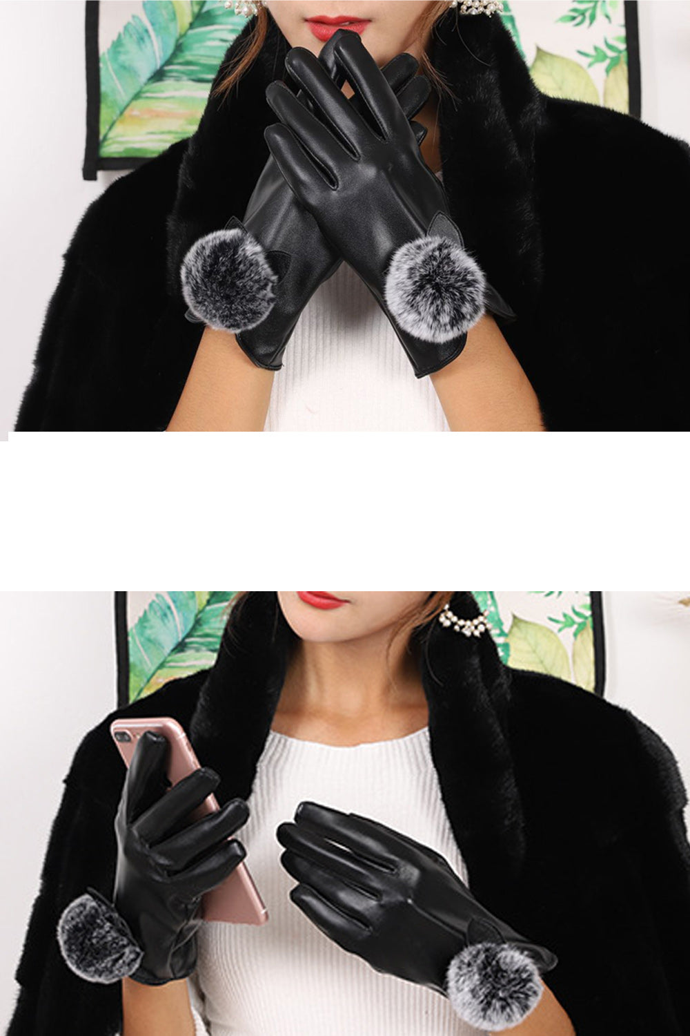 Women Hair Ball Decoation Winter Warm Leather Gloves