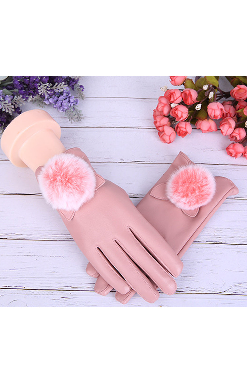 Women Hair Ball Decoation Winter Warm Leather Gloves