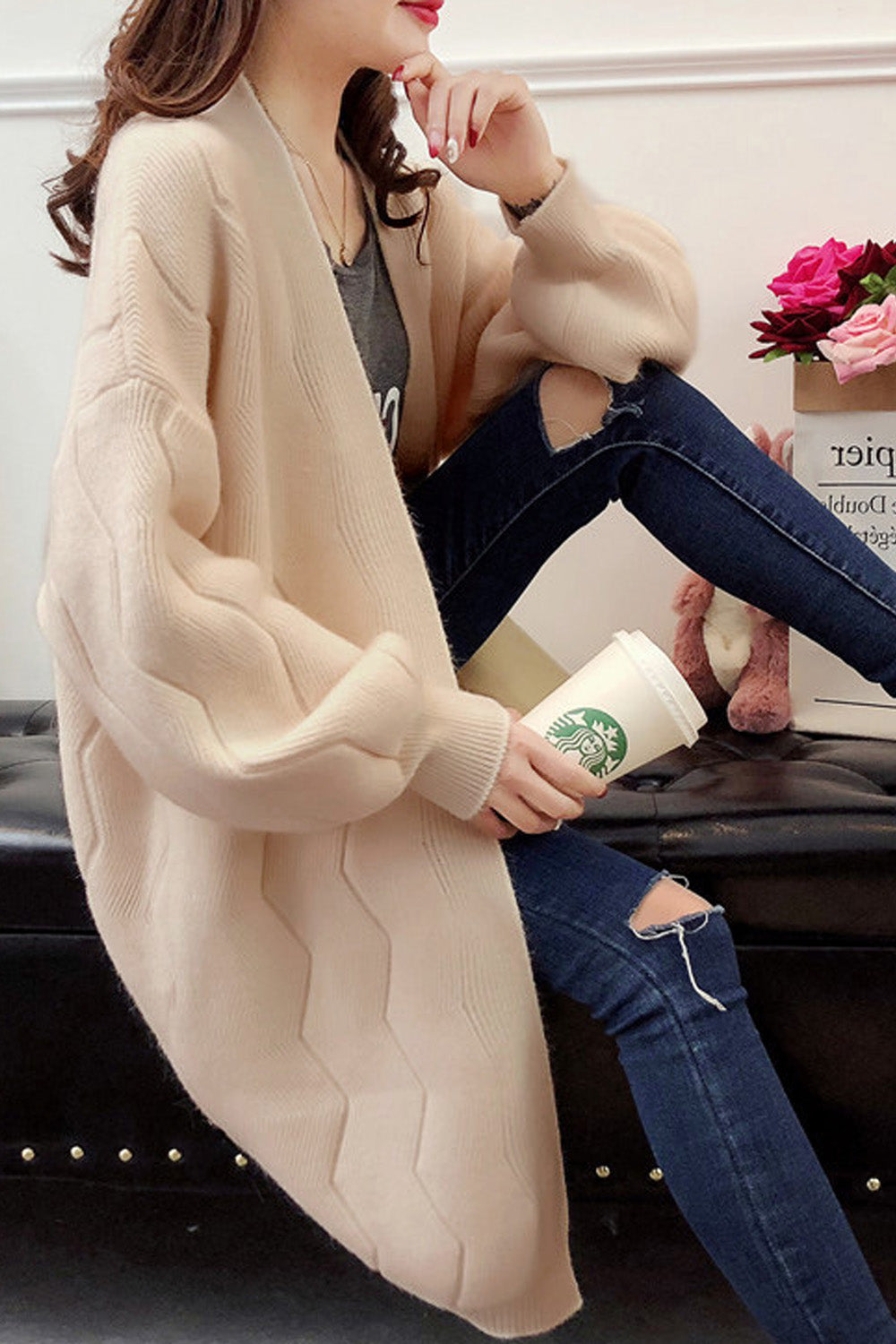Women Long Sleeve Solid Loose Cardigan