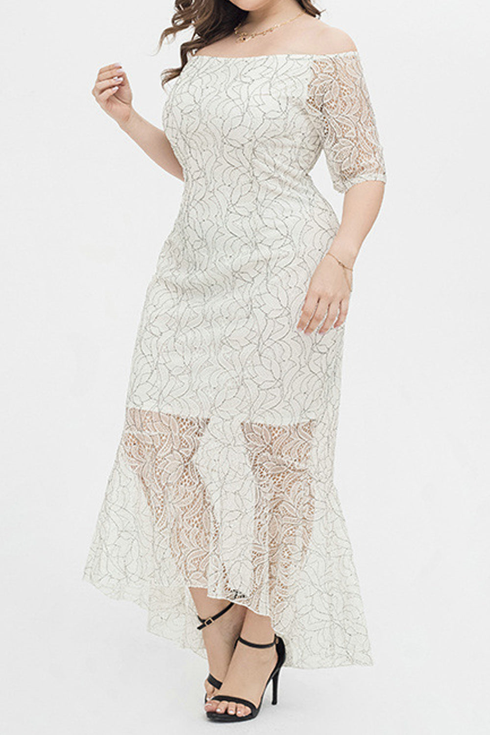 Women Pretty Lace Pattern Summer Off-Neck Short Sleeve Thin Dress