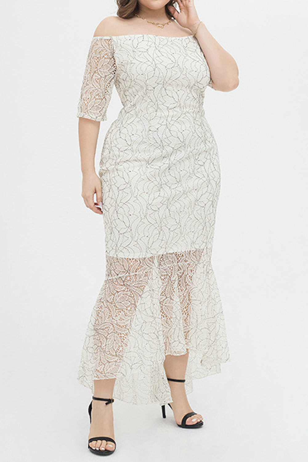 Women Pretty Lace Pattern Summer Off-Neck Short Sleeve Thin Dress