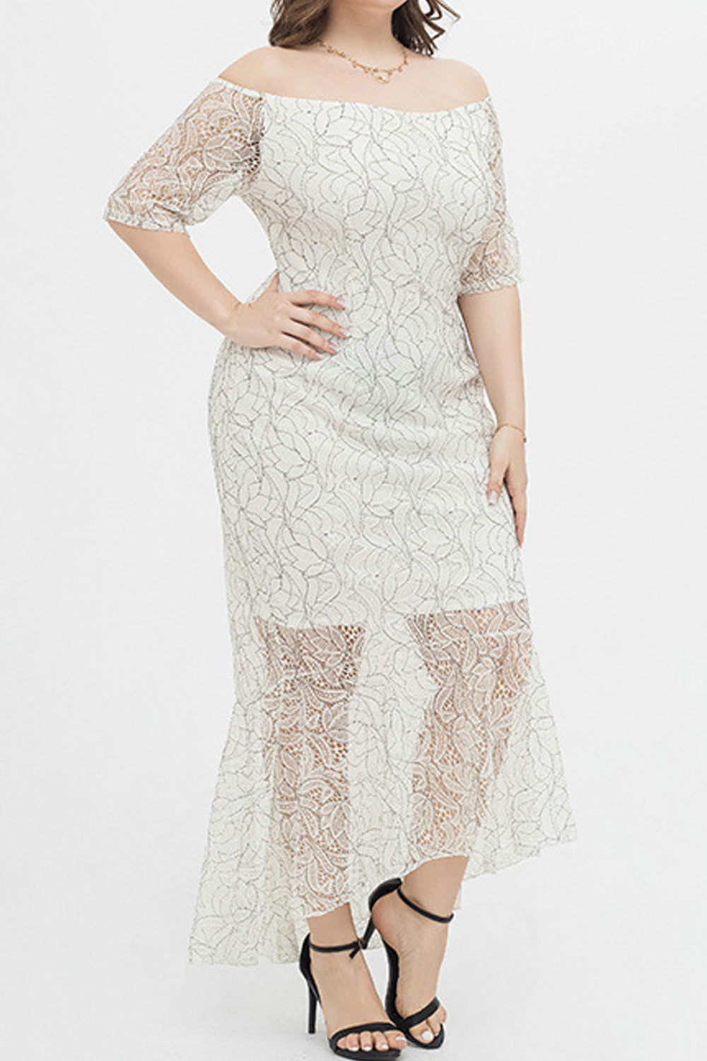 Women Pretty Lace Pattern Summer Off-Neck Short Sleeve Thin Dress