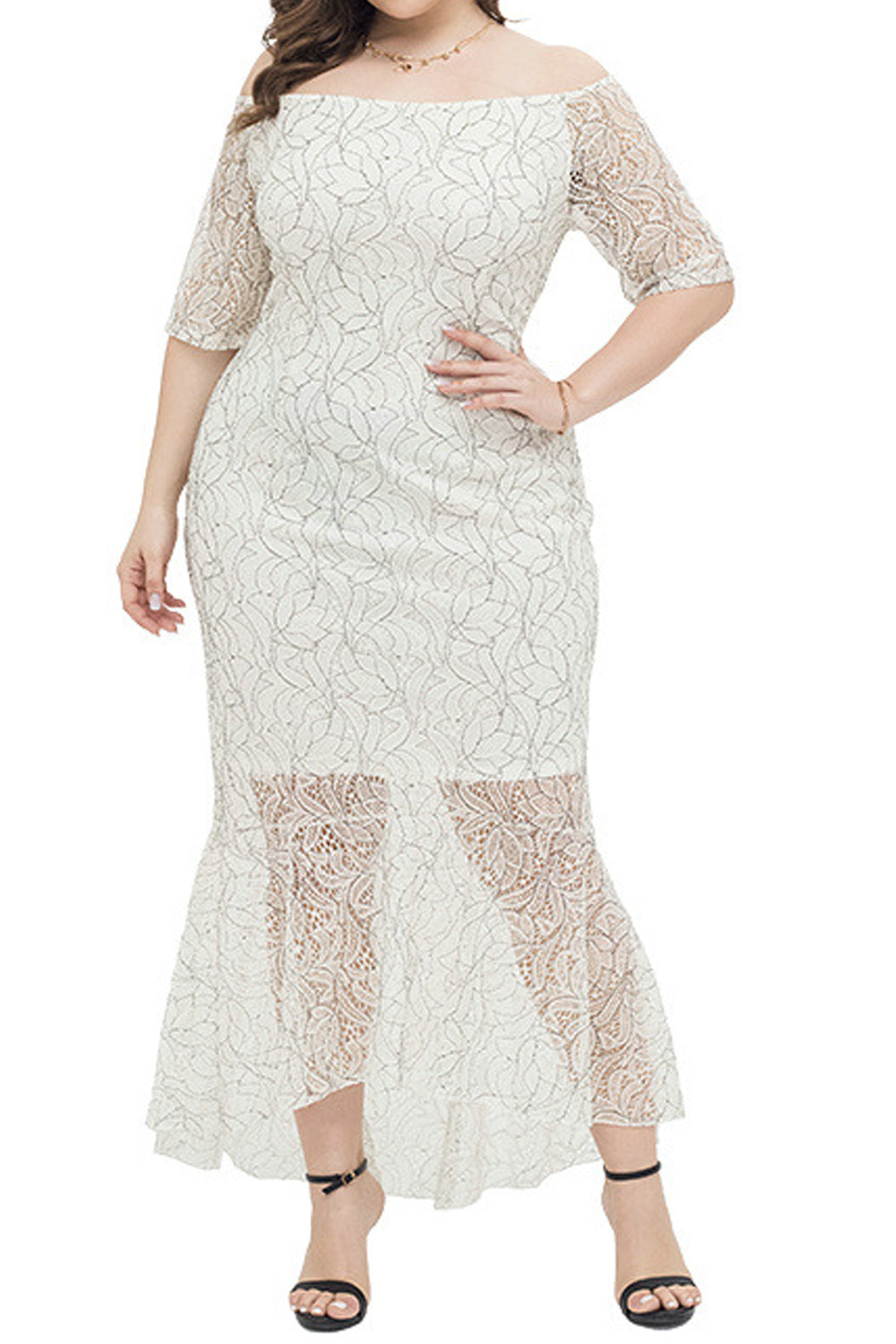 Women Pretty Lace Pattern Summer Off-Neck Short Sleeve Thin Dress