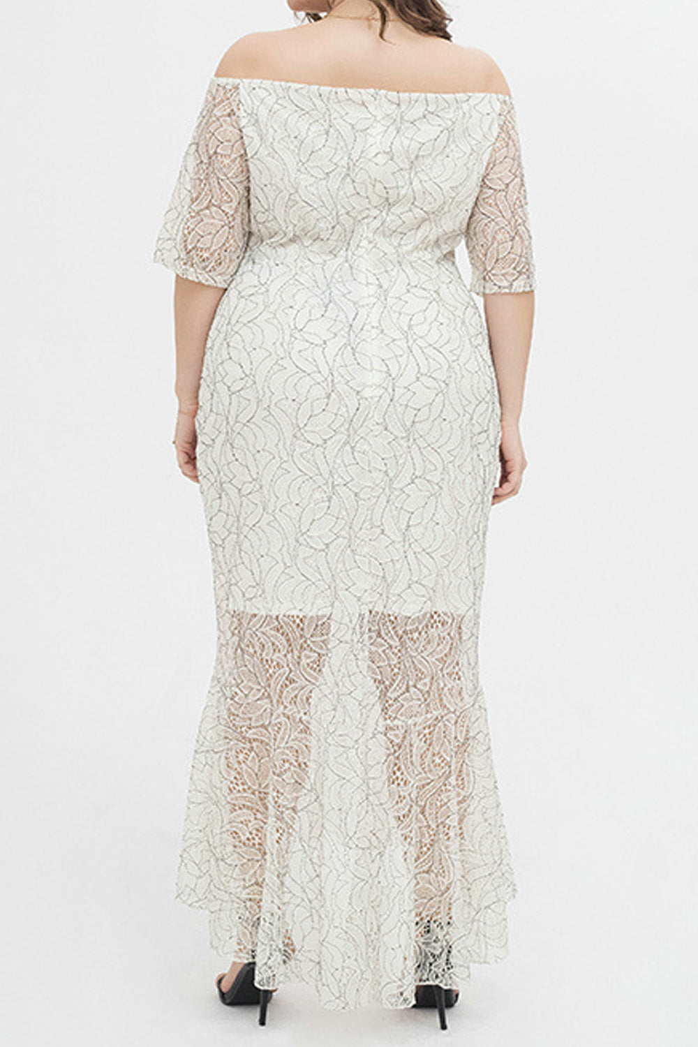 Women Pretty Lace Pattern Summer Off-Neck Short Sleeve Thin Dress
