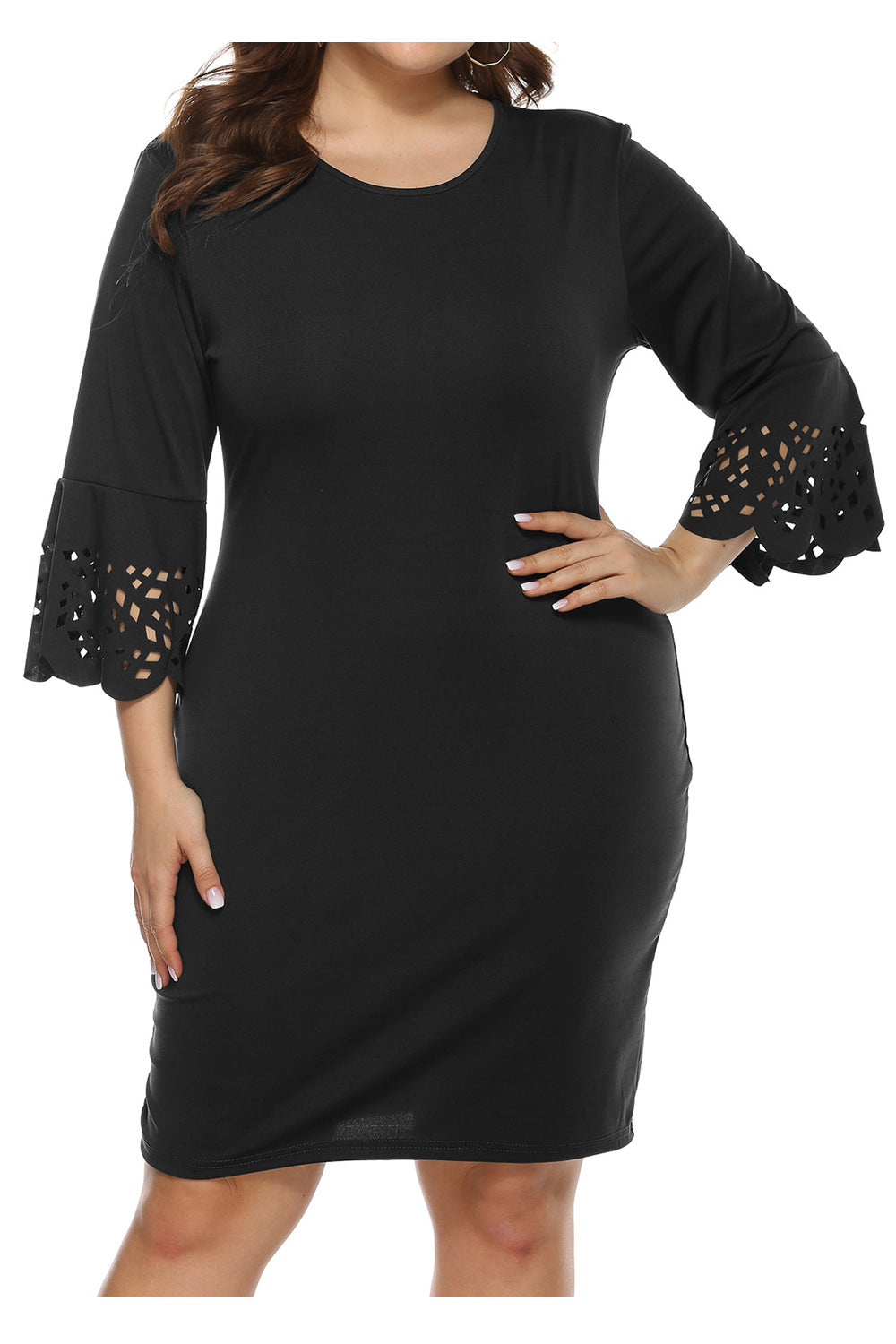Women Plus Solid Pattern Soft Flared Long Sleeve Hollow Cool Trendy Dress