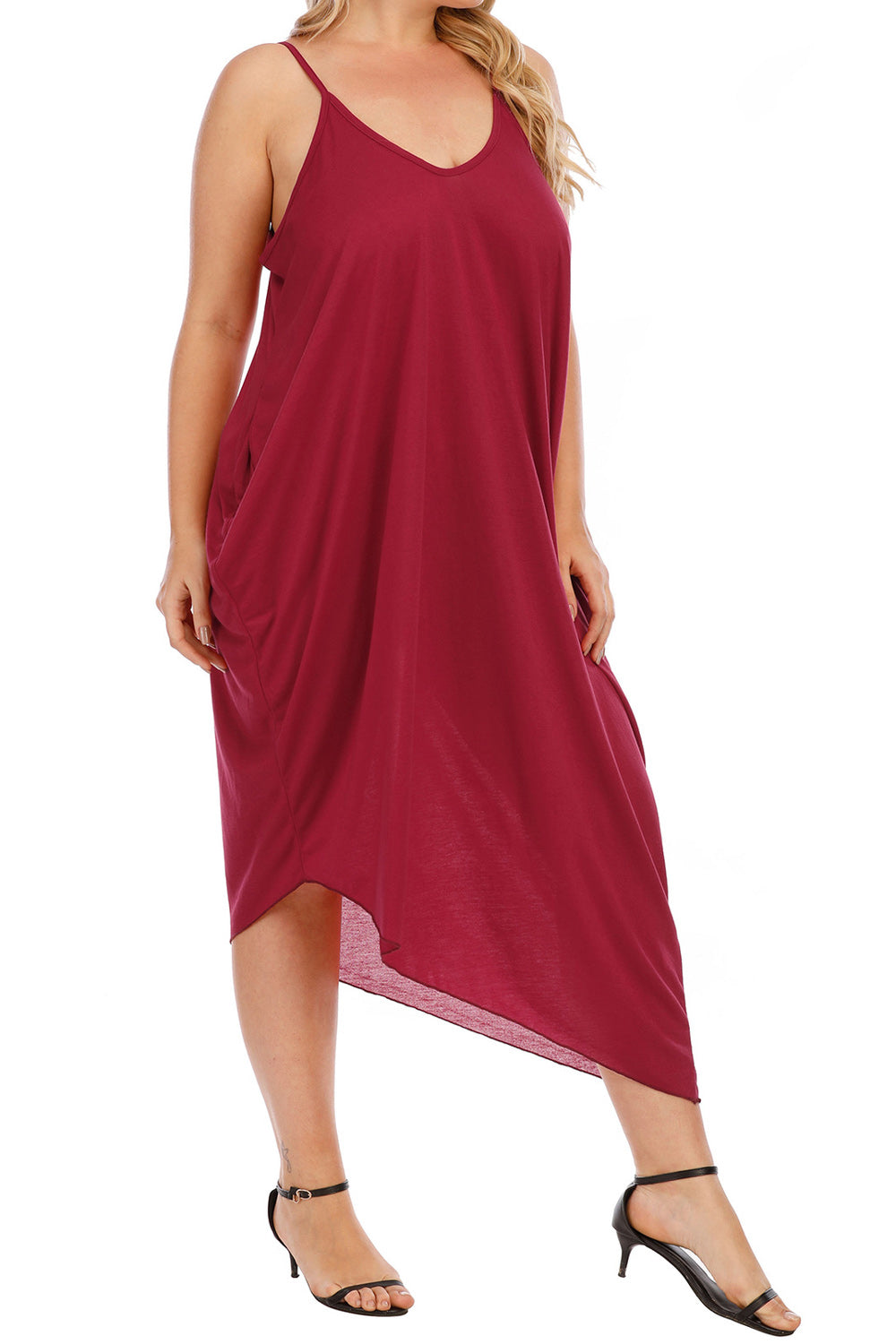 Women Plus Summer Strap Neck Solid Pattern Thin Irregular Style Loose Dress
