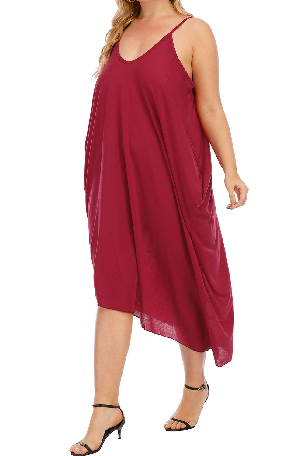 Women Plus Summer Strap Neck Solid Pattern Thin Irregular Style Loose Dress
